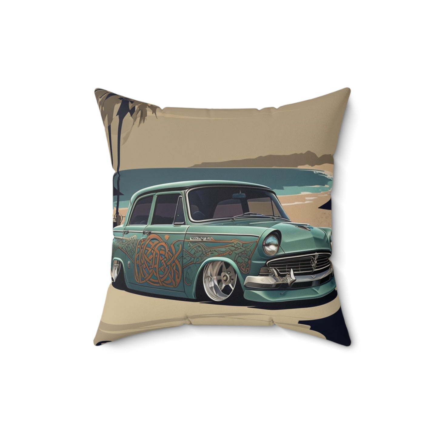 Square Pillow - Beach Side Classic Car Design