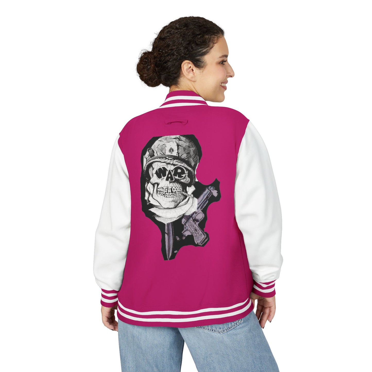 Edgy Unisex Heavyweight Letterman Jacket with Skull Design, Retro Bomber Style, Streetwear, Halloween Costume, Unique Gift Idea