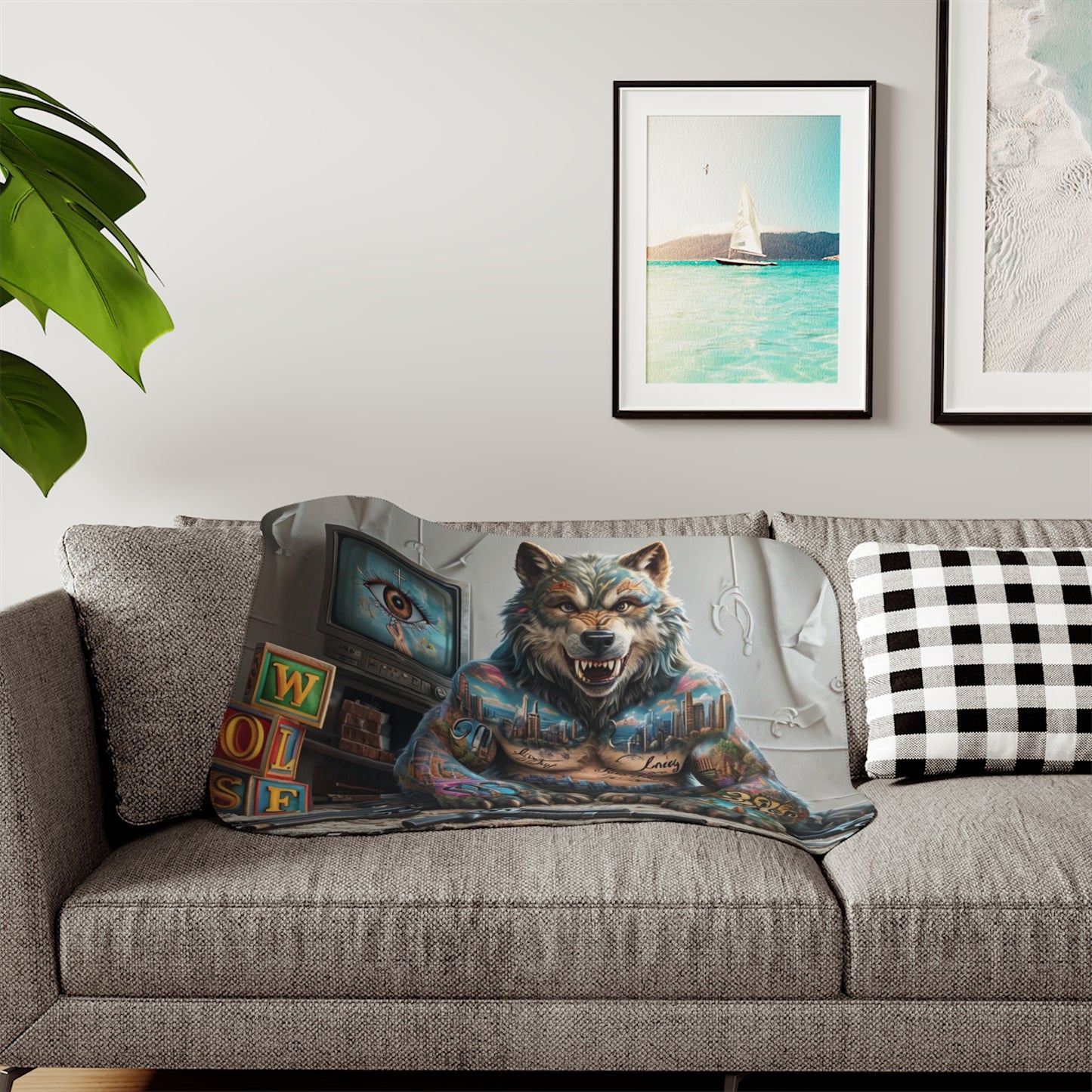 Urban Style Sherpa Blanket - Cozy, Artistic, Perfect for Home Decor, Gifts, or Cozy Nights In, Blue Fang Theme, Plush Throw Blanket
