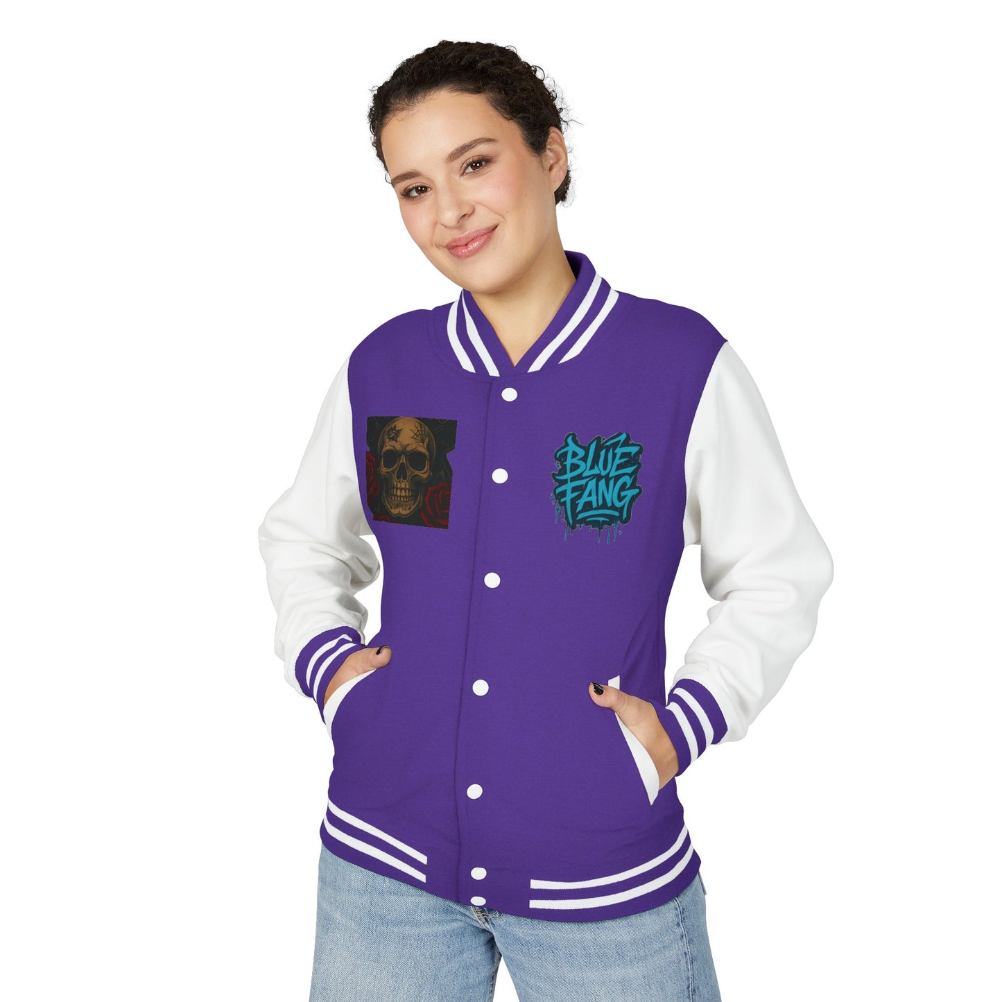 Edgy Unisex Heavyweight Letterman Jacket with Skull Design, Retro Bomber Style, Streetwear, Halloween Costume, Unique Gift Idea
