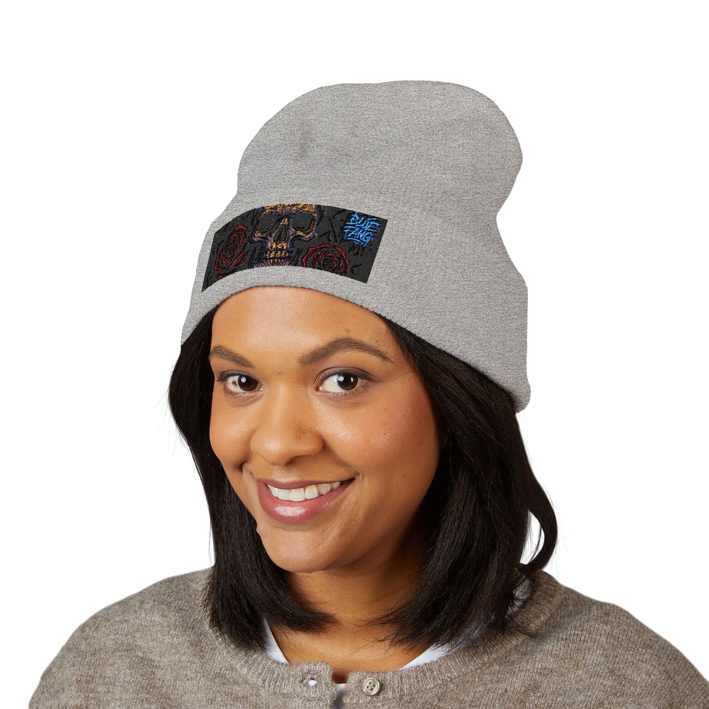 Skull & Roses Cuffed Beanie | Embroidered Winter Hat for Fashion Lovers, Unique Gift for Him/Her, Holiday Accessory, Cozy Casual Style