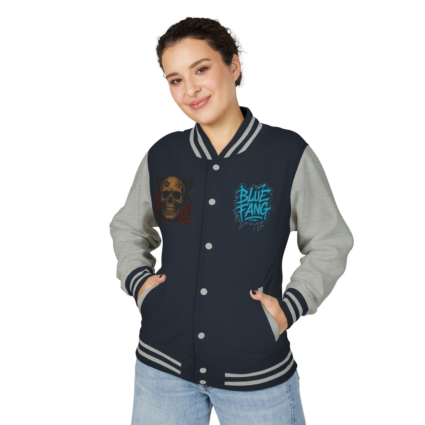Edgy Unisex Heavyweight Letterman Jacket with Skull Design, Retro Bomber Style, Streetwear, Halloween Costume, Unique Gift Idea