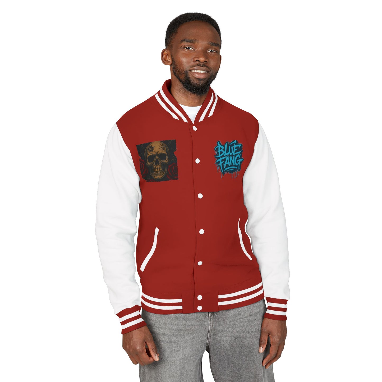 Edgy Unisex Heavyweight Letterman Jacket with Skull Design, Retro Bomber Style, Streetwear, Halloween Costume, Unique Gift Idea