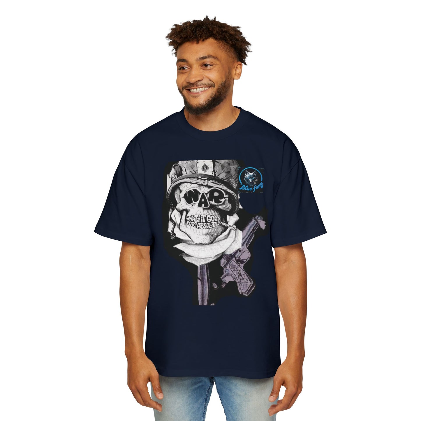 Men's Oversized Graphic Tee - Blue Fang Design, Streetwear Fashion, Casual Style, Unique Gift for Men, Trendy T-Shirt