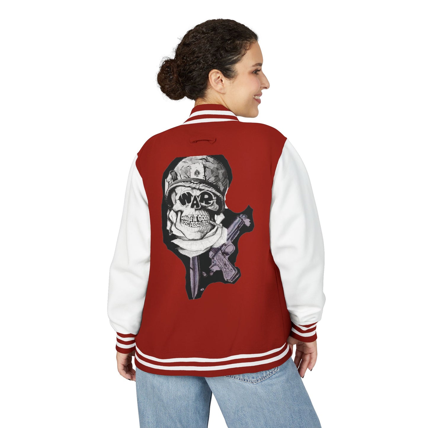 Edgy Unisex Heavyweight Letterman Jacket with Skull Design, Retro Bomber Style, Streetwear, Halloween Costume, Unique Gift Idea
