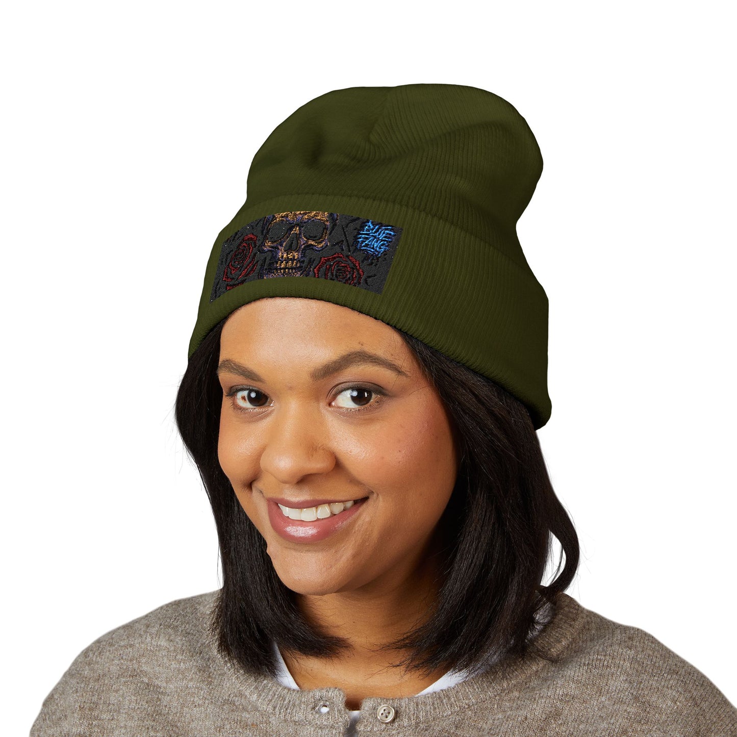 Skull & Roses Cuffed Beanie | Embroidered Winter Hat for Fashion Lovers, Unique Gift for Him/Her, Holiday Accessory, Cozy Casual Style
