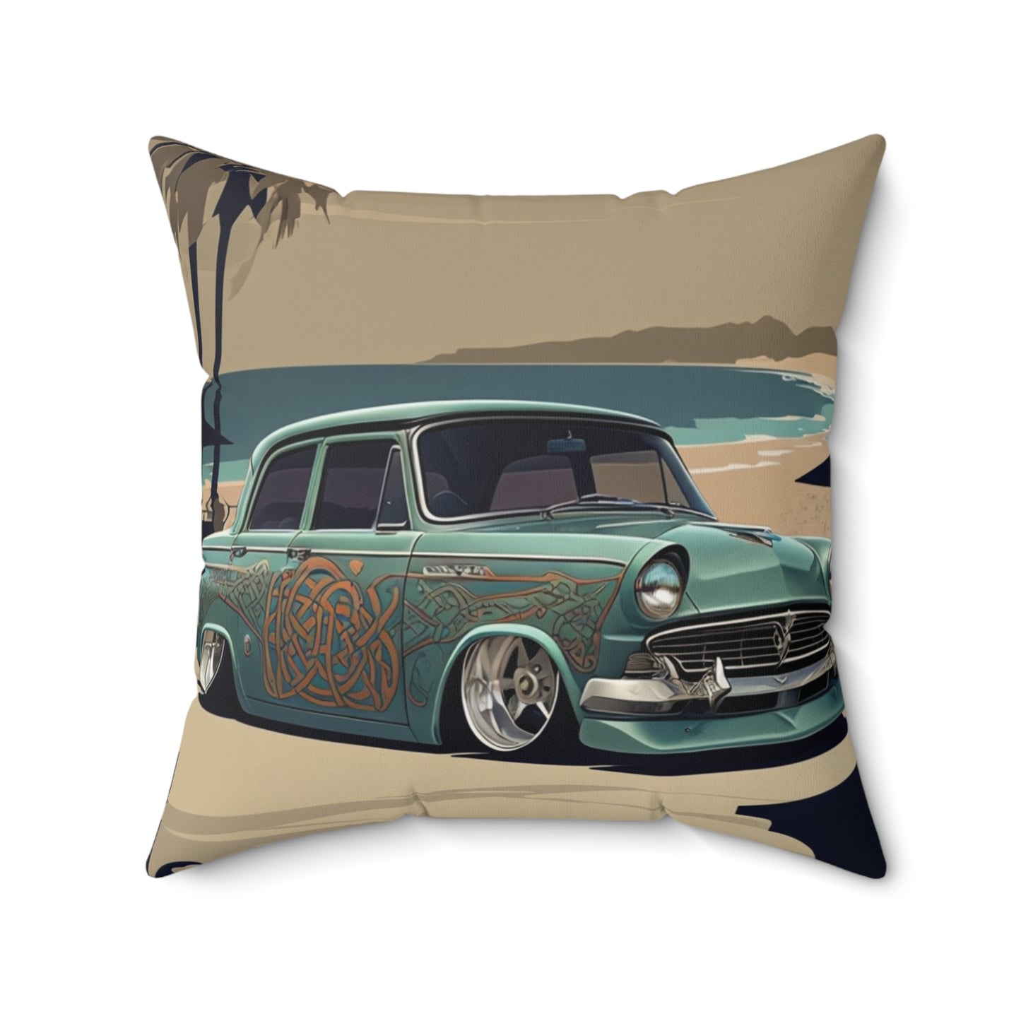 Square Pillow - Beach Side Classic Car Design
