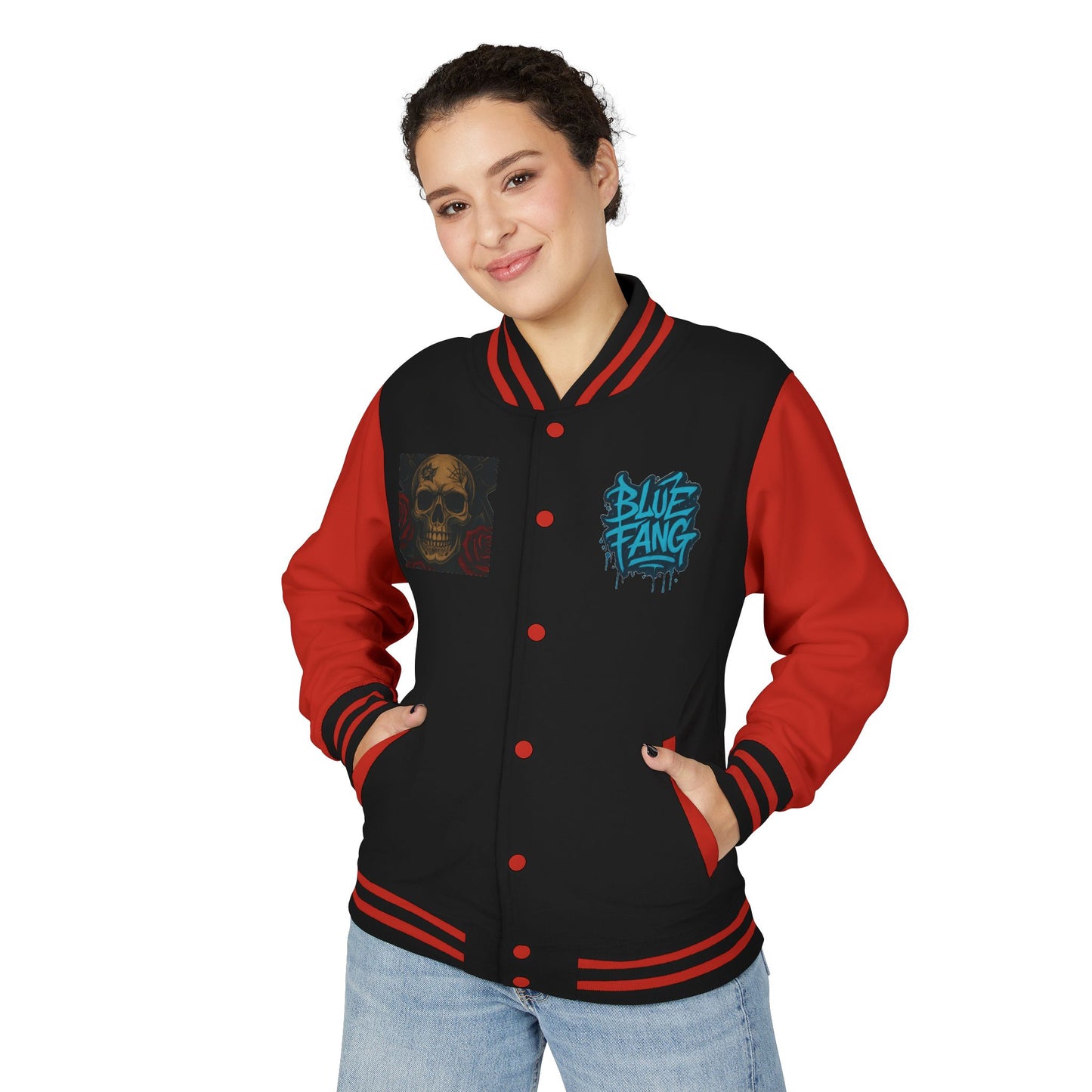 Edgy Unisex Heavyweight Letterman Jacket with Skull Design, Retro Bomber Style, Streetwear, Halloween Costume, Unique Gift Idea