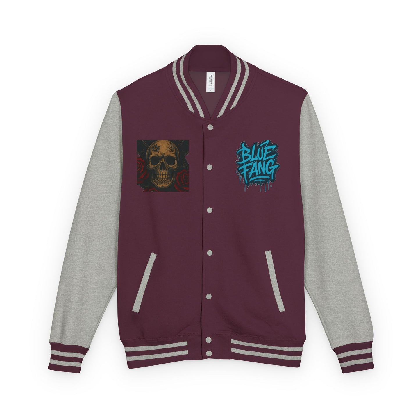 Edgy Unisex Heavyweight Letterman Jacket with Skull Design, Retro Bomber Style, Streetwear, Halloween Costume, Unique Gift Idea