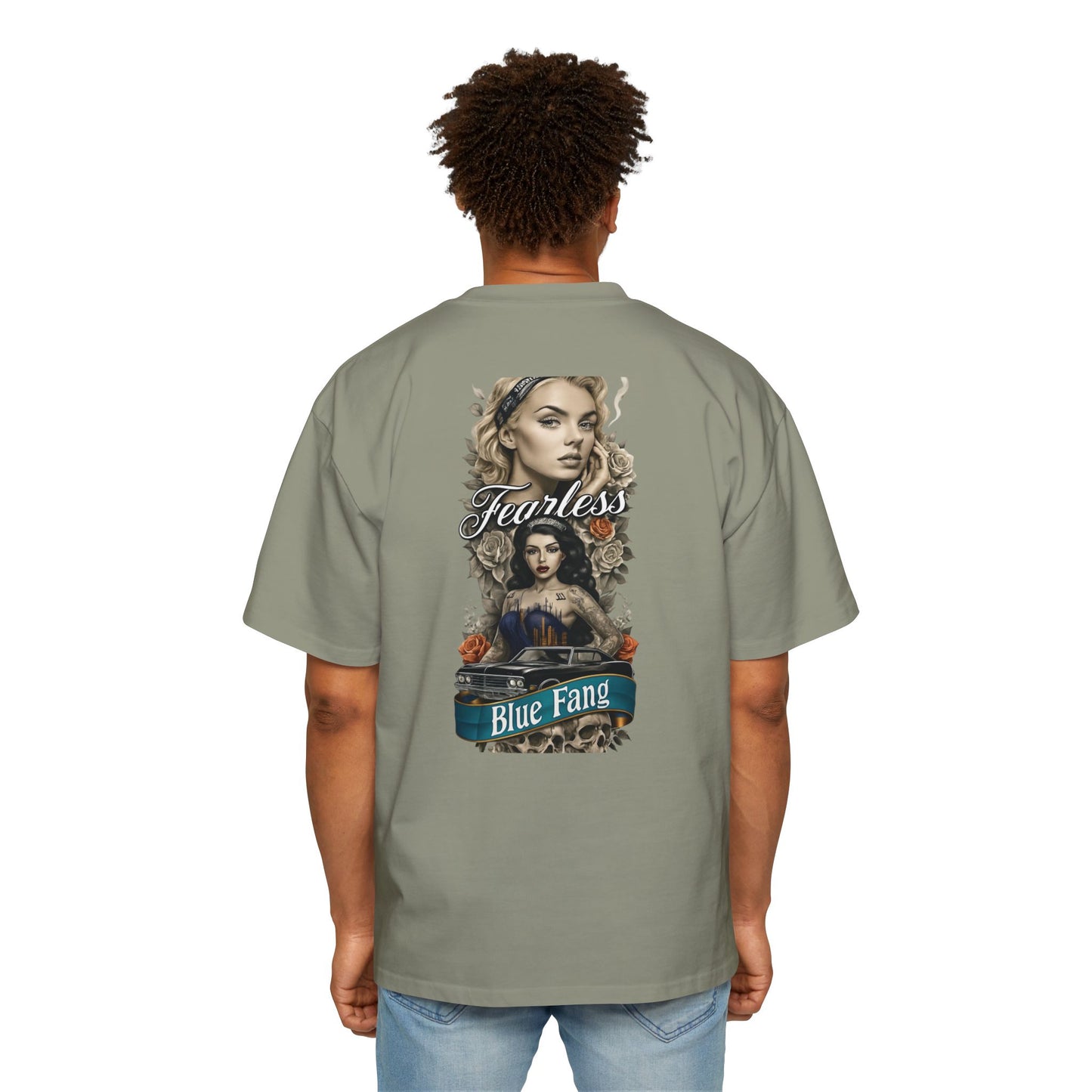 Fearless Blue Fang Men's Heavy Oversized Tee, Graphic Shirt for Casual Wear, Gift for Him, Streetwear Fashion, Unique Art Tee