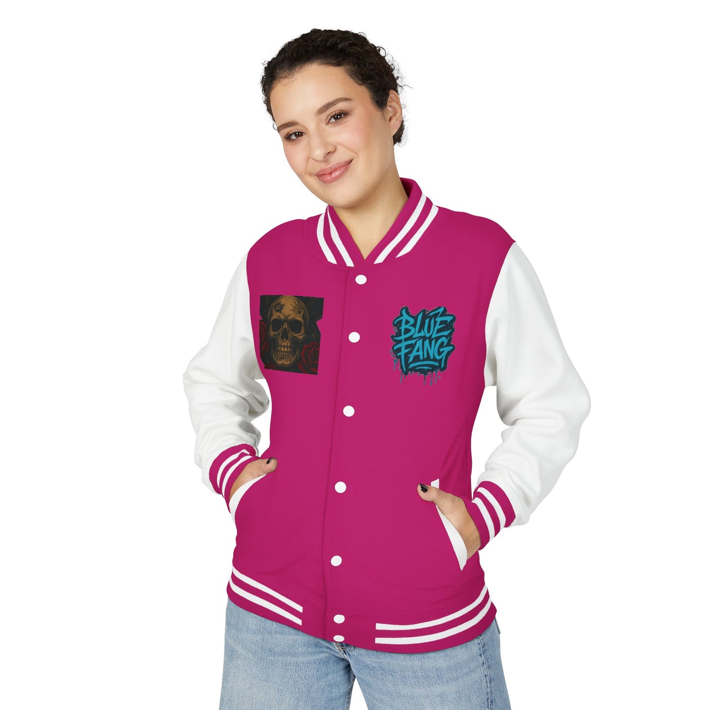 Edgy Unisex Heavyweight Letterman Jacket with Skull Design, Retro Bomber Style, Streetwear, Halloween Costume, Unique Gift Idea