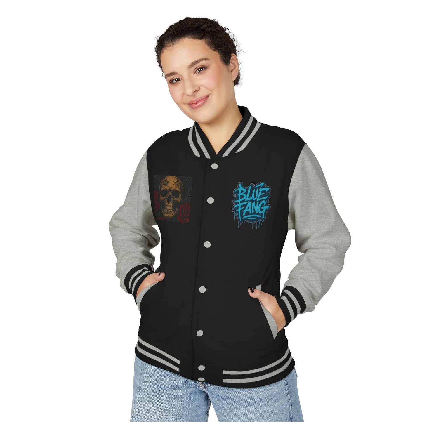 Edgy Unisex Heavyweight Letterman Jacket with Skull Design, Retro Bomber Style, Streetwear, Halloween Costume, Unique Gift Idea