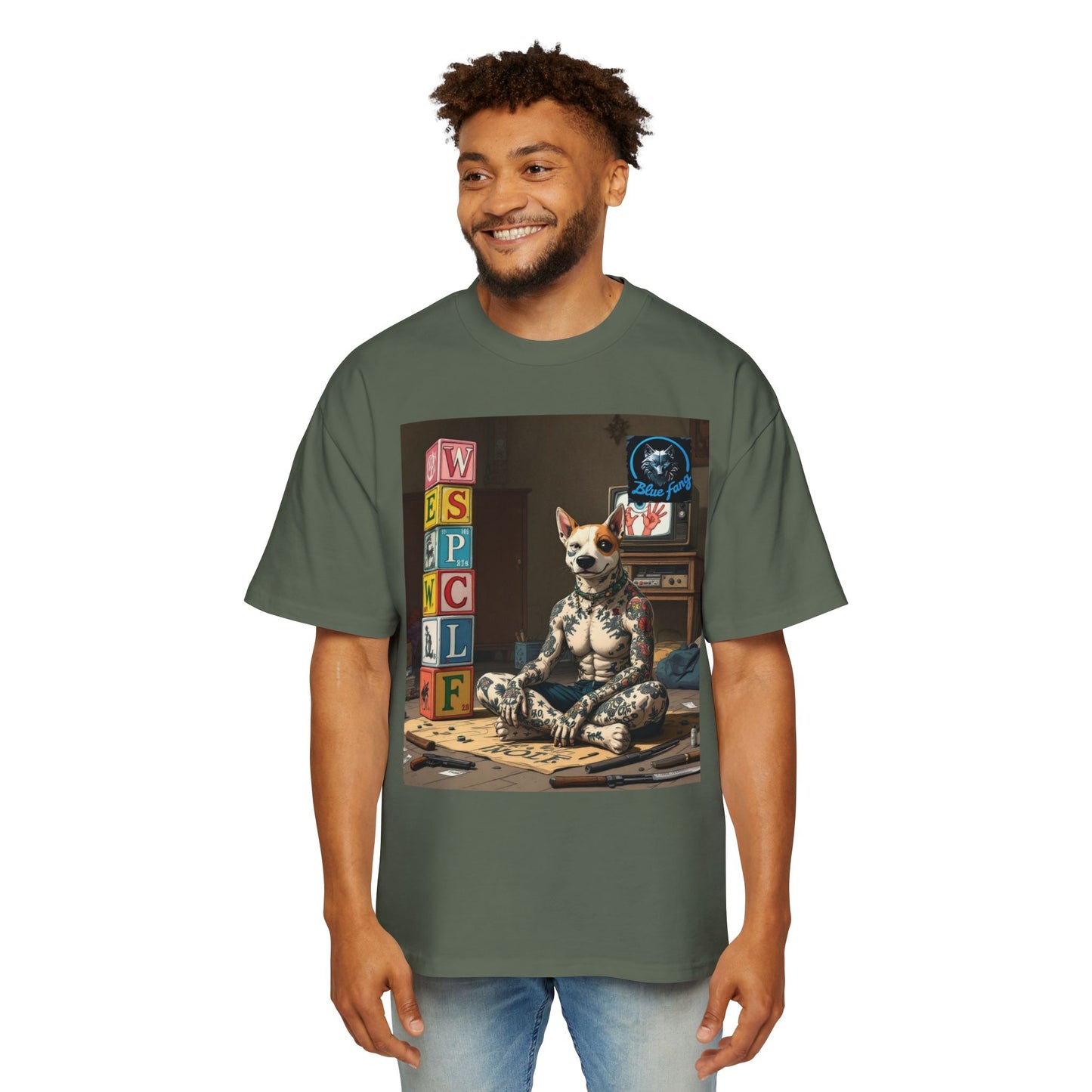 Blue Fang Men's Heavy Oversized Tee, Graphic Shirt for Casual Wear, Gift for Him, Streetwear Fashion, Unique Art Tee