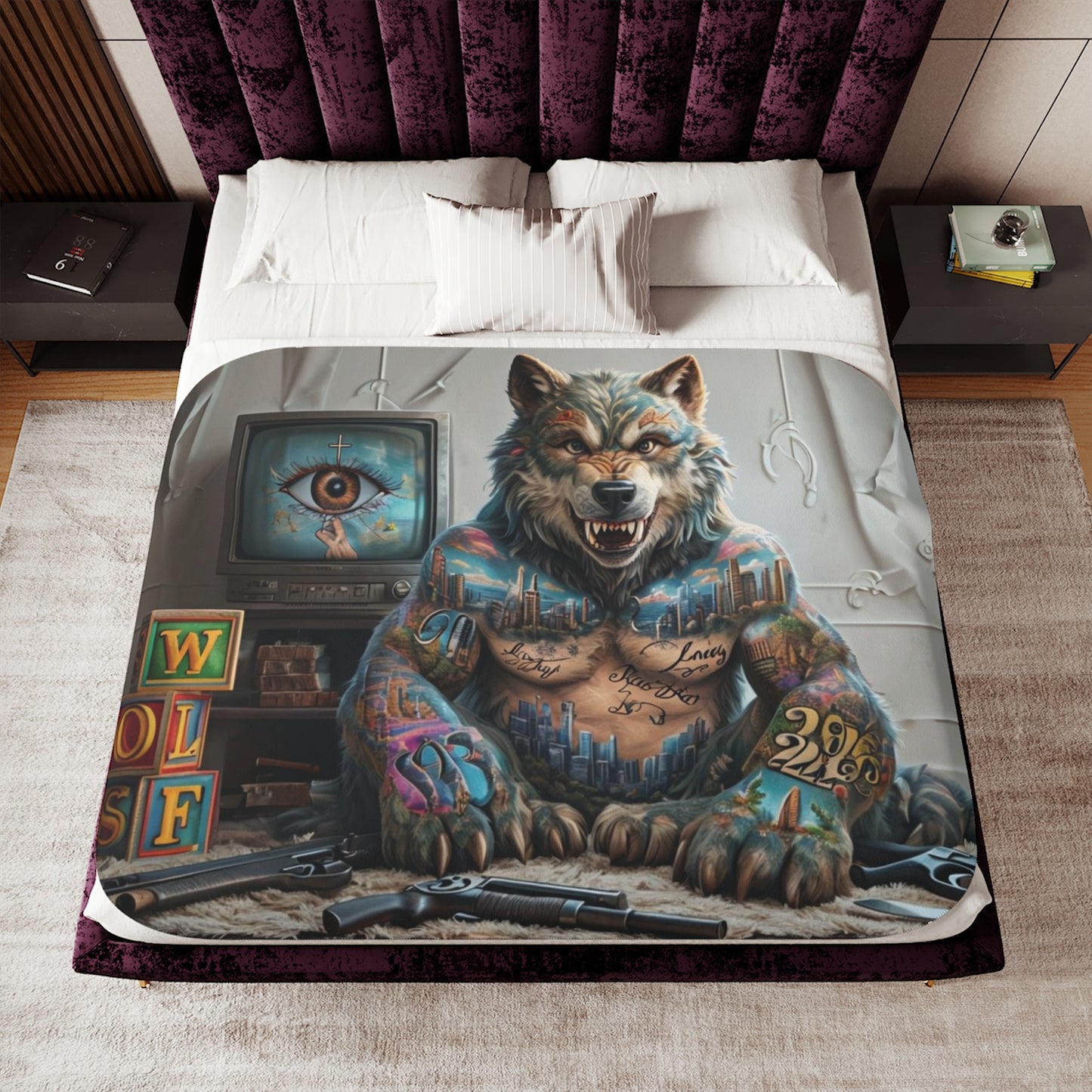 Urban Style Sherpa Blanket - Cozy, Artistic, Perfect for Home Decor, Gifts, or Cozy Nights In, Blue Fang Theme, Plush Throw Blanket