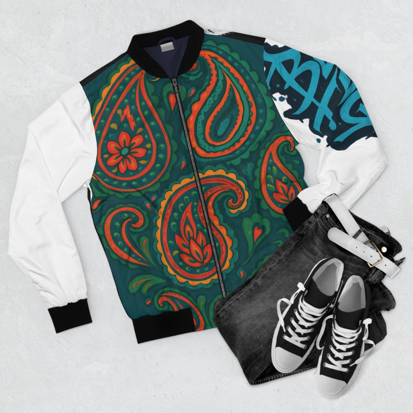 Stylish Men's Bomber Jacket, Trendy Outerwear, Graffiti Print Jacket, Casual Streetwear, Gifts for Him, Unique Fashion Statement