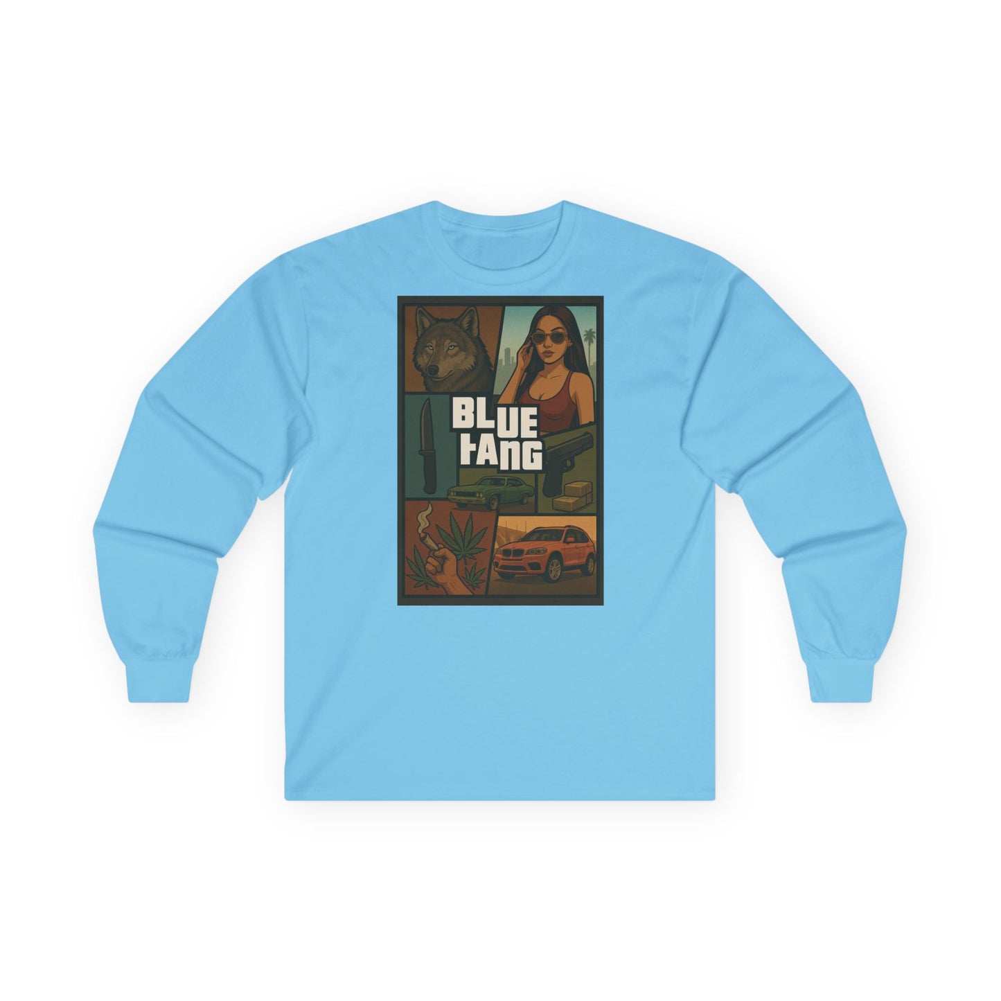 Retro Graphic Long Sleeve Tee, Streetwear Fashion Shirt, Vintage Style, Gift for Teens, Everyday Casual Wear, Blue Tang Design