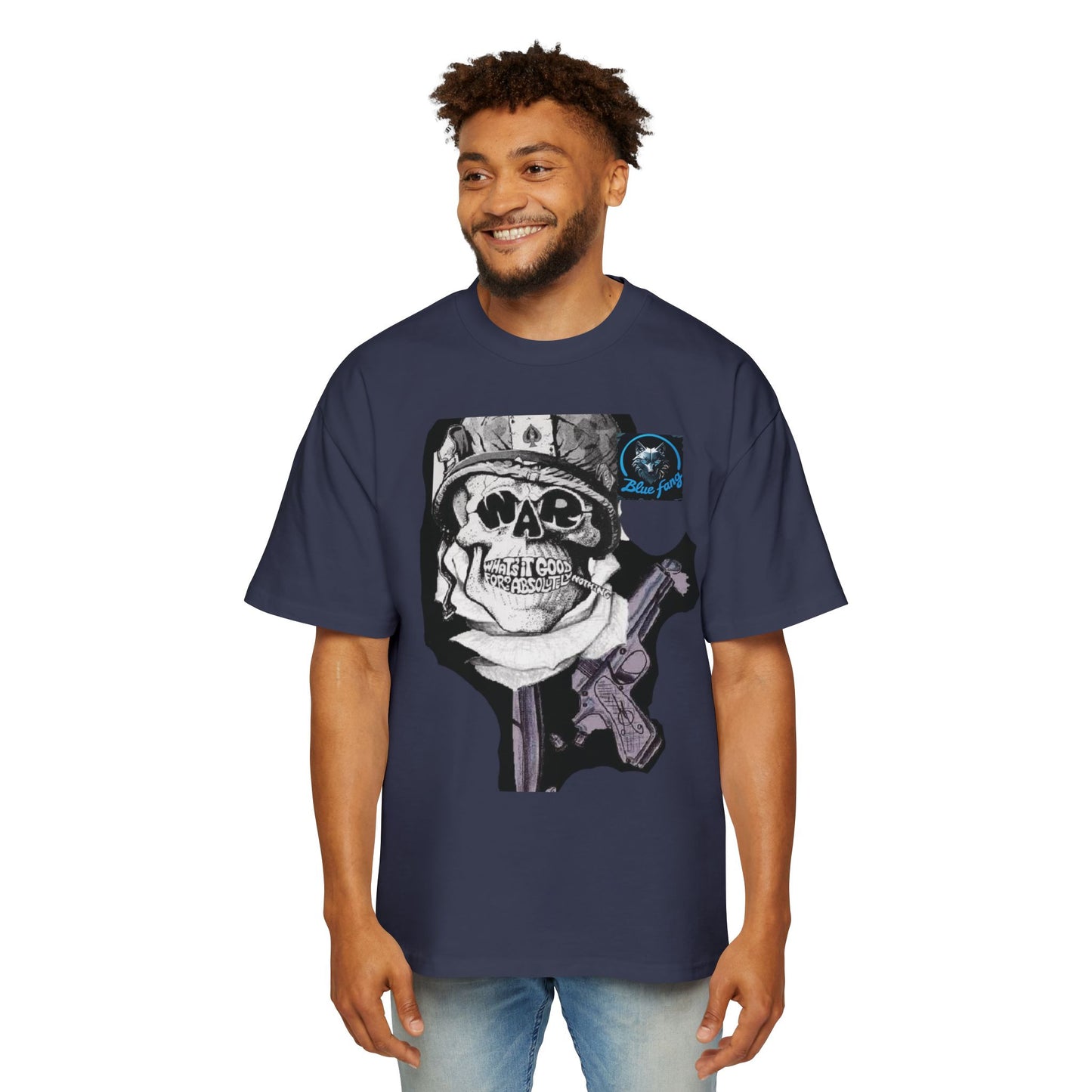 Men's Oversized Graphic Tee - Blue Fang Design, Streetwear Fashion, Casual Style, Unique Gift for Men, Trendy T-Shirt