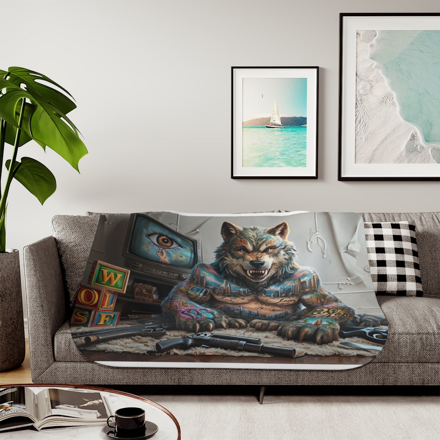 Urban Style Sherpa Blanket - Cozy, Artistic, Perfect for Home Decor, Gifts, or Cozy Nights In, Blue Fang Theme, Plush Throw Blanket