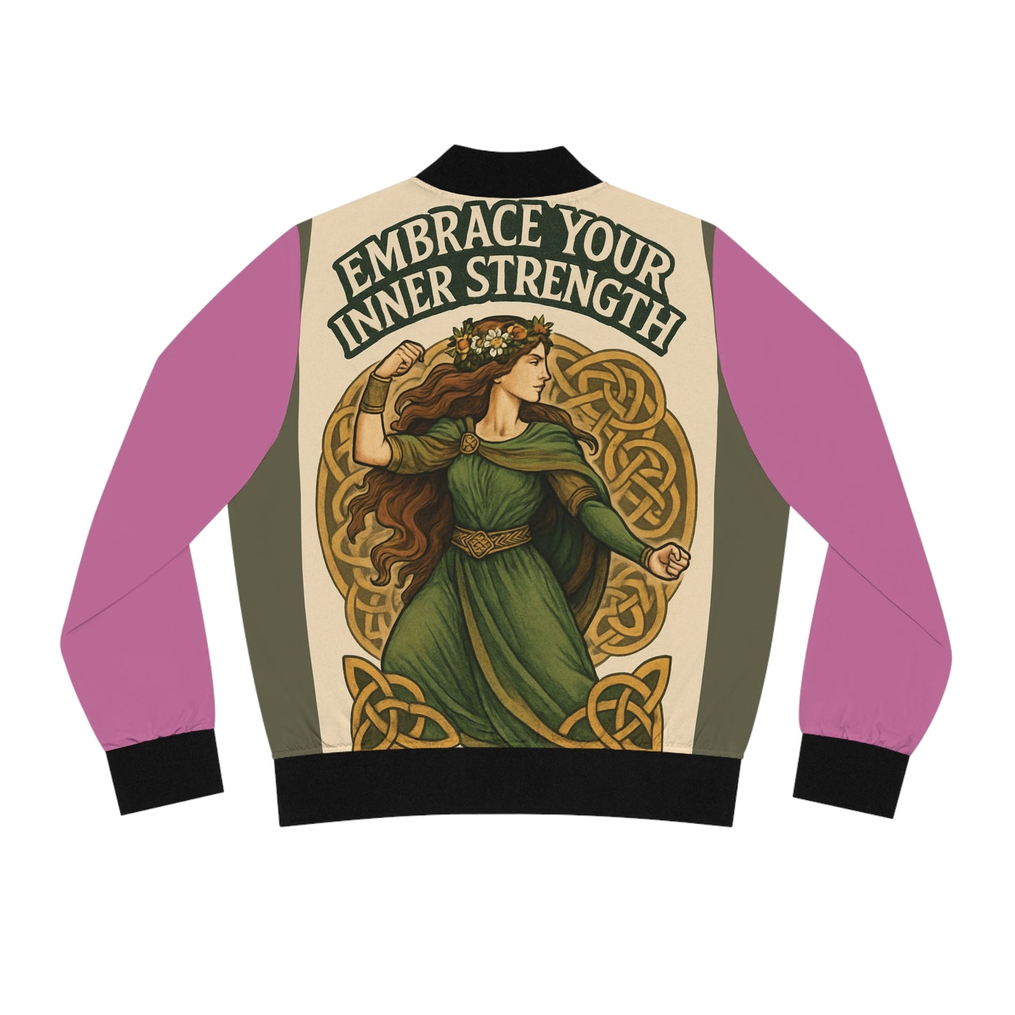Ecne Celtic Goddess Empowered Women's Bomber Jacket | Unique AOP Design, Statement Outerwear, Gifts for Her, Fitness Apparel, Inner Strength Quote