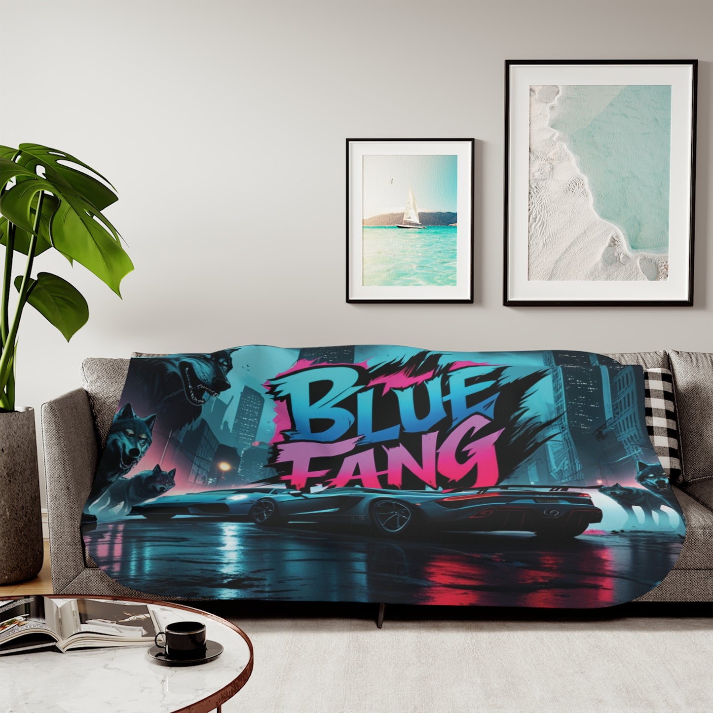 Urban Style Sherpa Blanket - Cozy, Artistic, Perfect for Home Decor, Gifts, or Cozy Nights In, Blue Fang Theme, Plush Throw Blanket