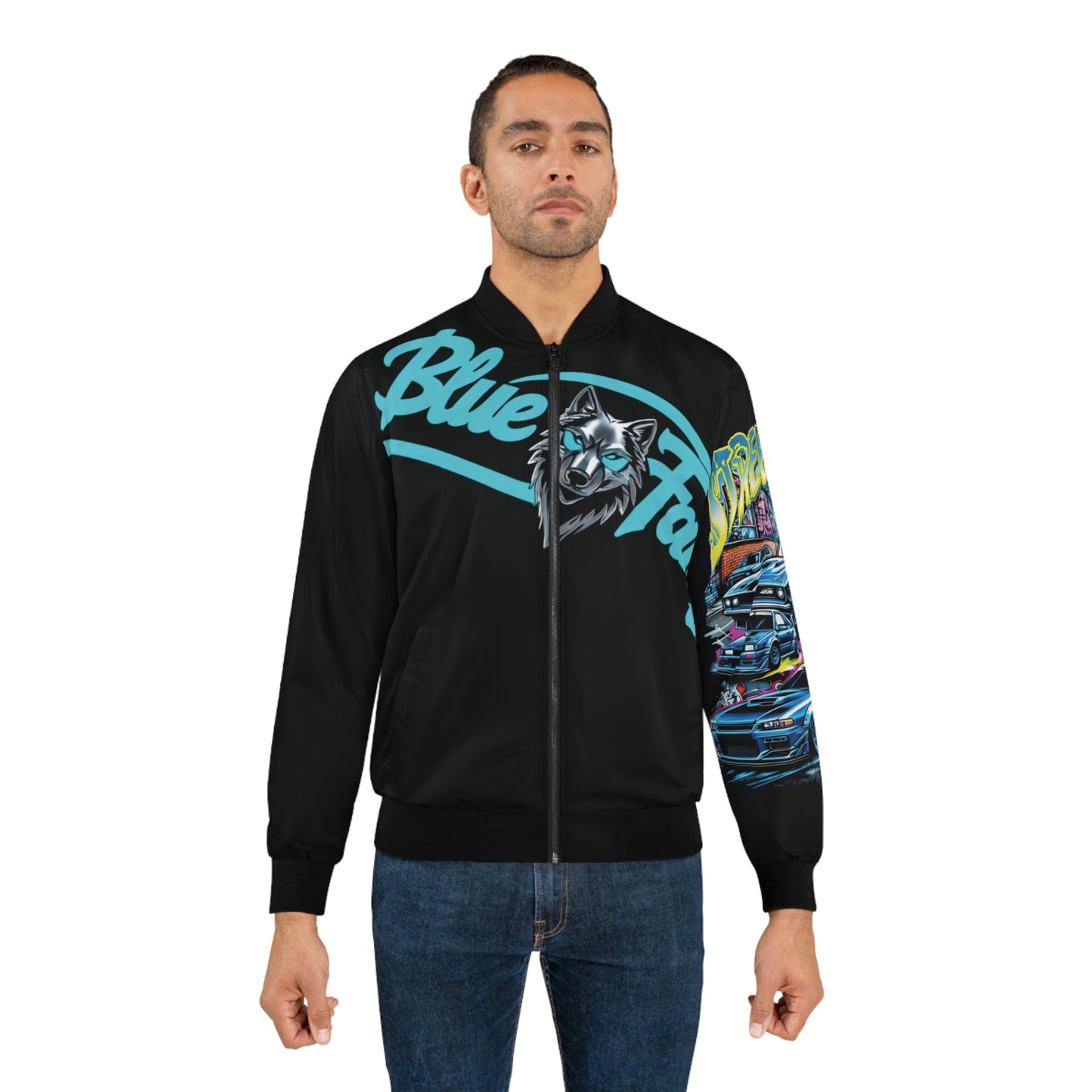 Men's Bomber Jacket with Bold Wolf Design, Cool Streetwear for Car Enthusiasts, Unique Gift for Birthdays, Fall Fashion