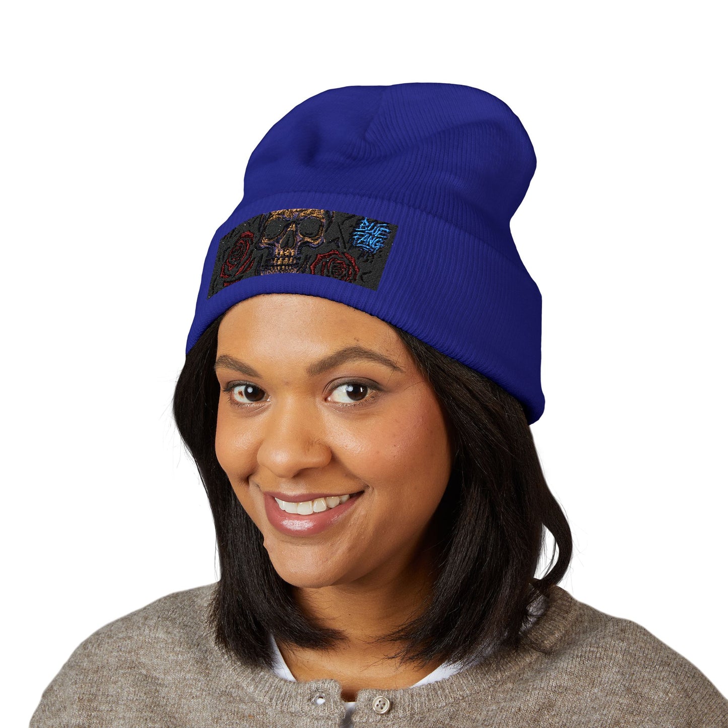 Skull & Roses Cuffed Beanie | Embroidered Winter Hat for Fashion Lovers, Unique Gift for Him/Her, Holiday Accessory, Cozy Casual Style