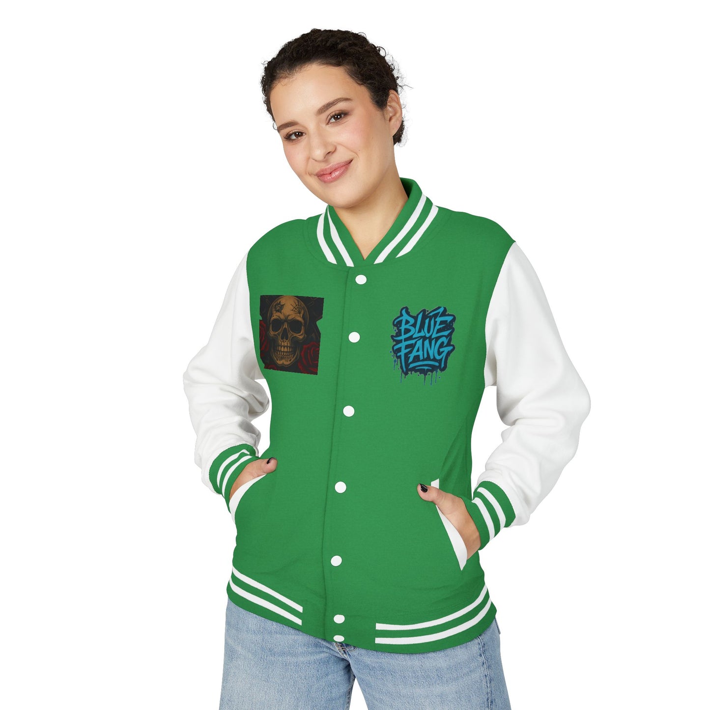 Edgy Unisex Heavyweight Letterman Jacket with Skull Design, Retro Bomber Style, Streetwear, Halloween Costume, Unique Gift Idea