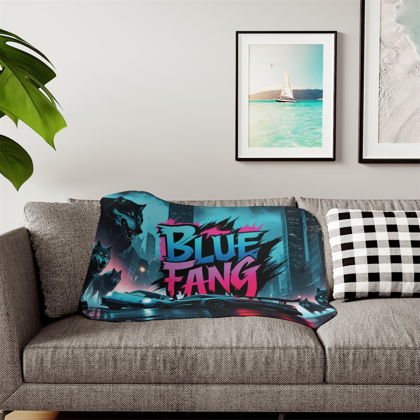 Urban Style Sherpa Blanket - Cozy, Artistic, Perfect for Home Decor, Gifts, or Cozy Nights In, Blue Fang Theme, Plush Throw Blanket