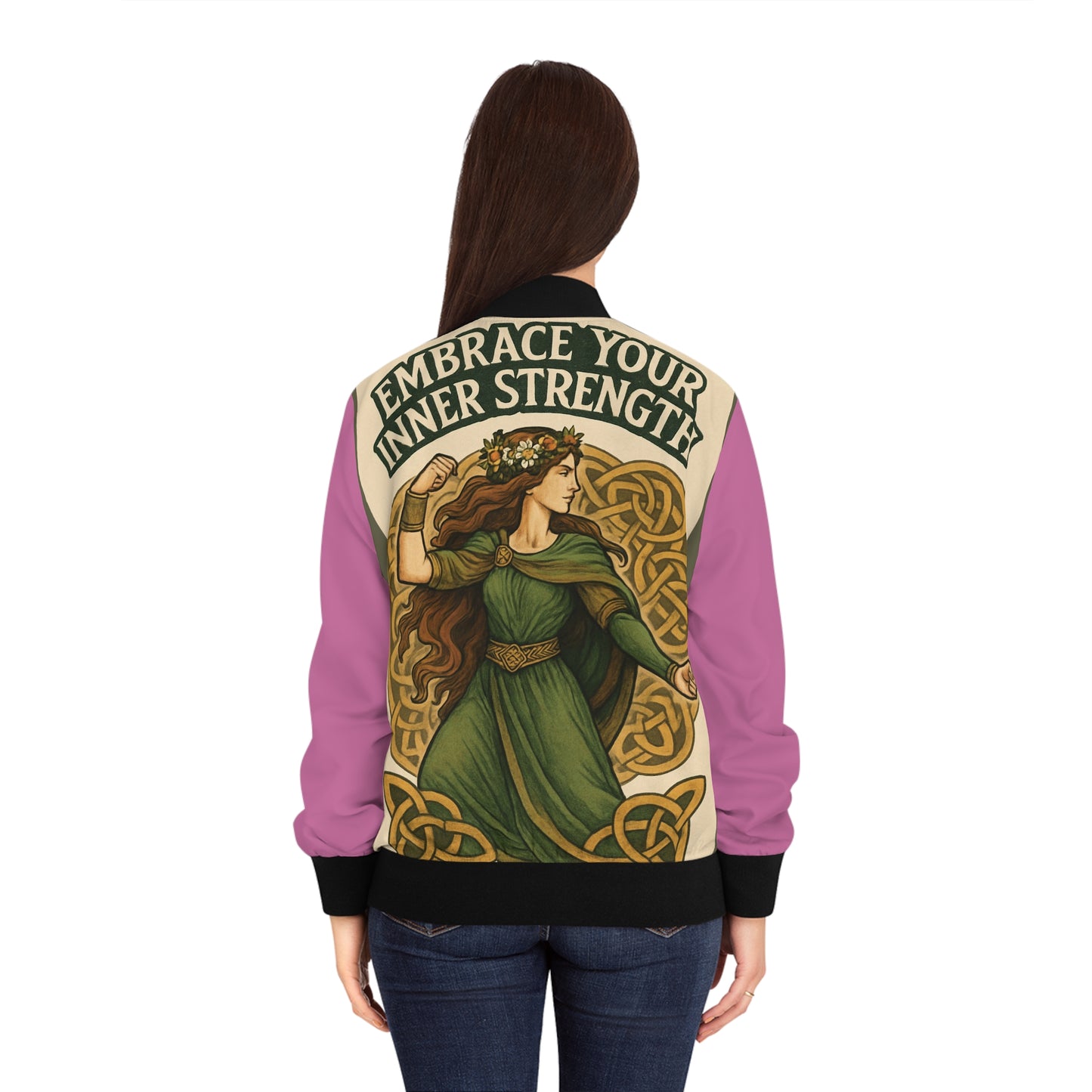 Ecne Celtic Goddess Empowered Women's Bomber Jacket | Unique AOP Design, Statement Outerwear, Gifts for Her, Fitness Apparel, Inner Strength Quote