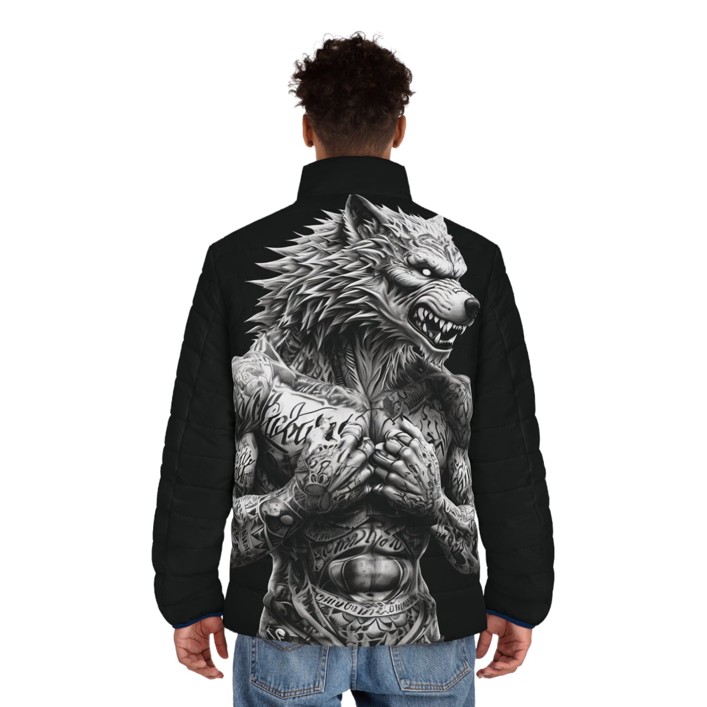 Men's Puffer Jacket - Urban Blue Fang Wolf Design