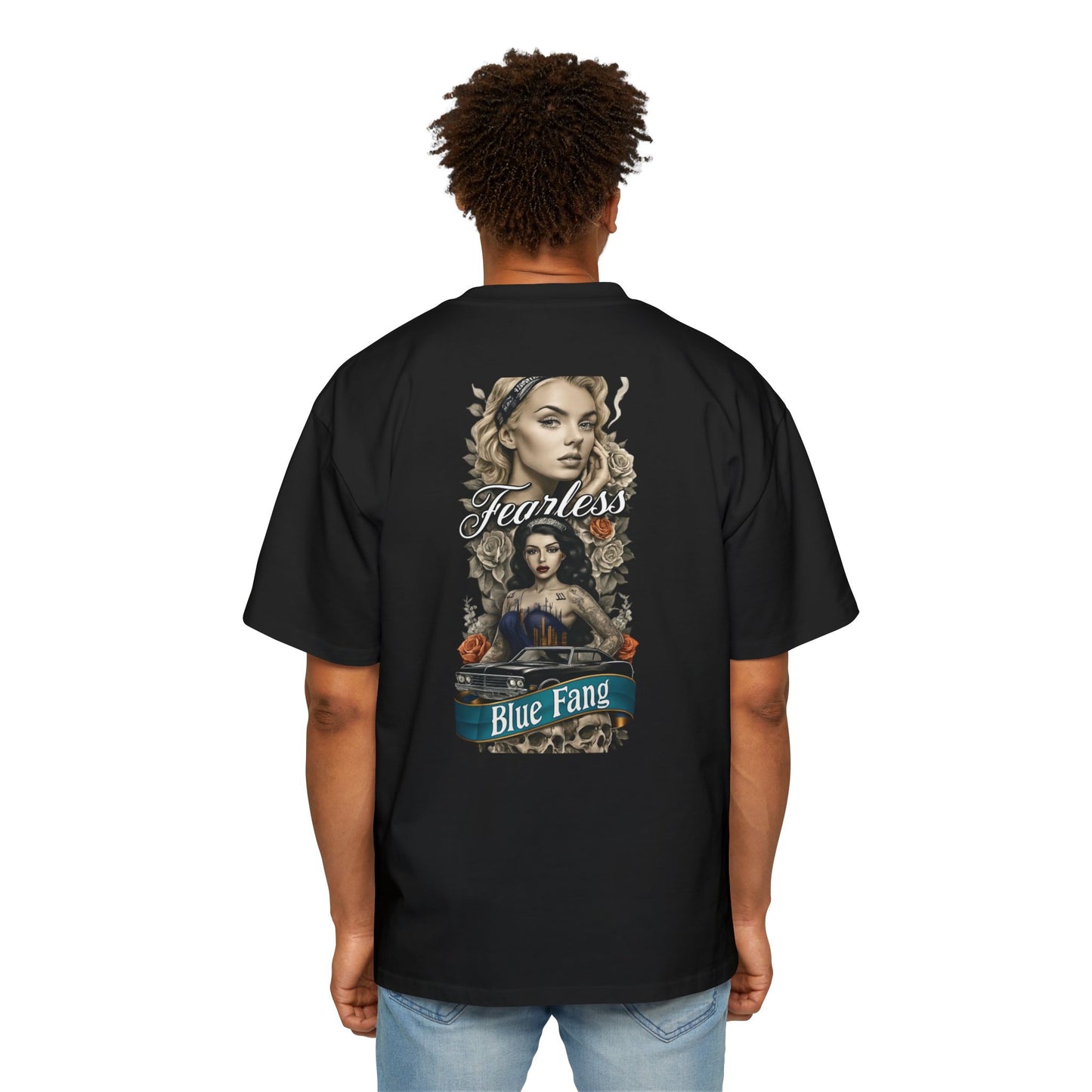 Fearless Blue Fang Men's Heavy Oversized Tee, Graphic Shirt for Casual Wear, Gift for Him, Streetwear Fashion, Unique Art Tee