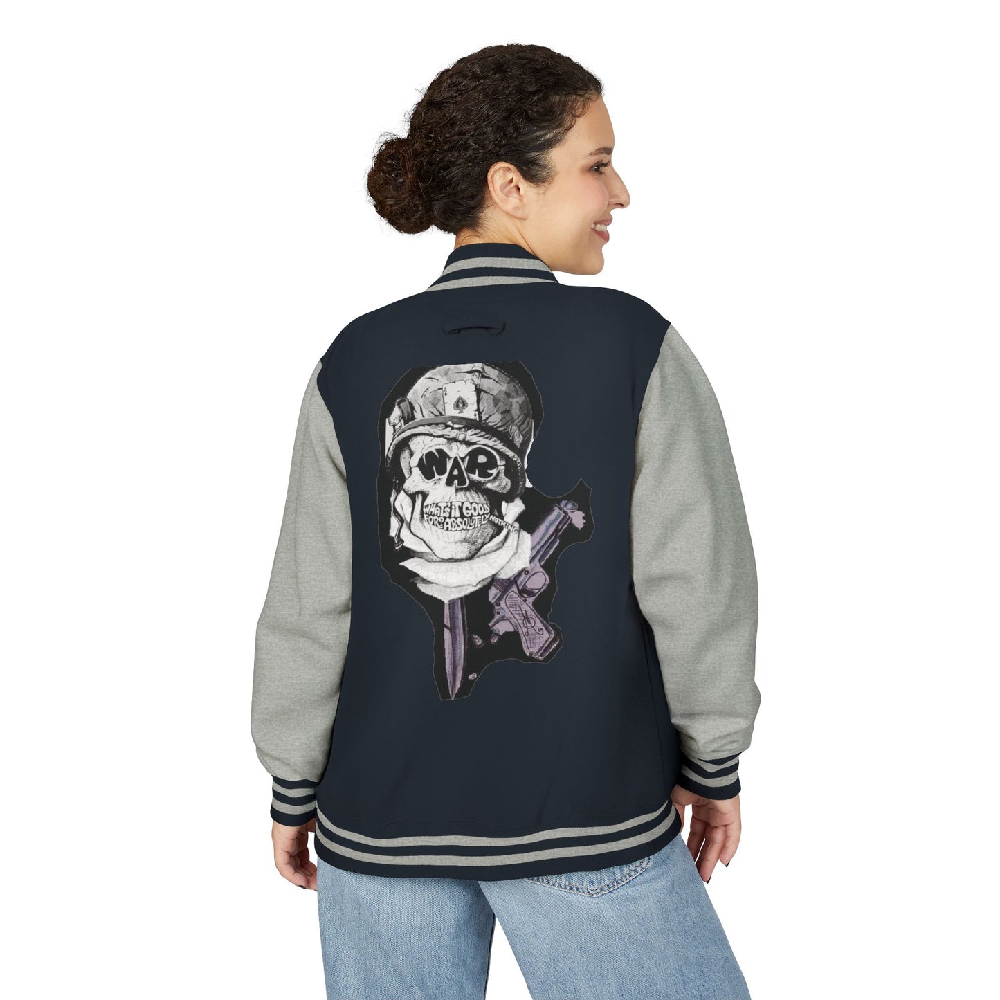 Edgy Unisex Heavyweight Letterman Jacket with Skull Design, Retro Bomber Style, Streetwear, Halloween Costume, Unique Gift Idea