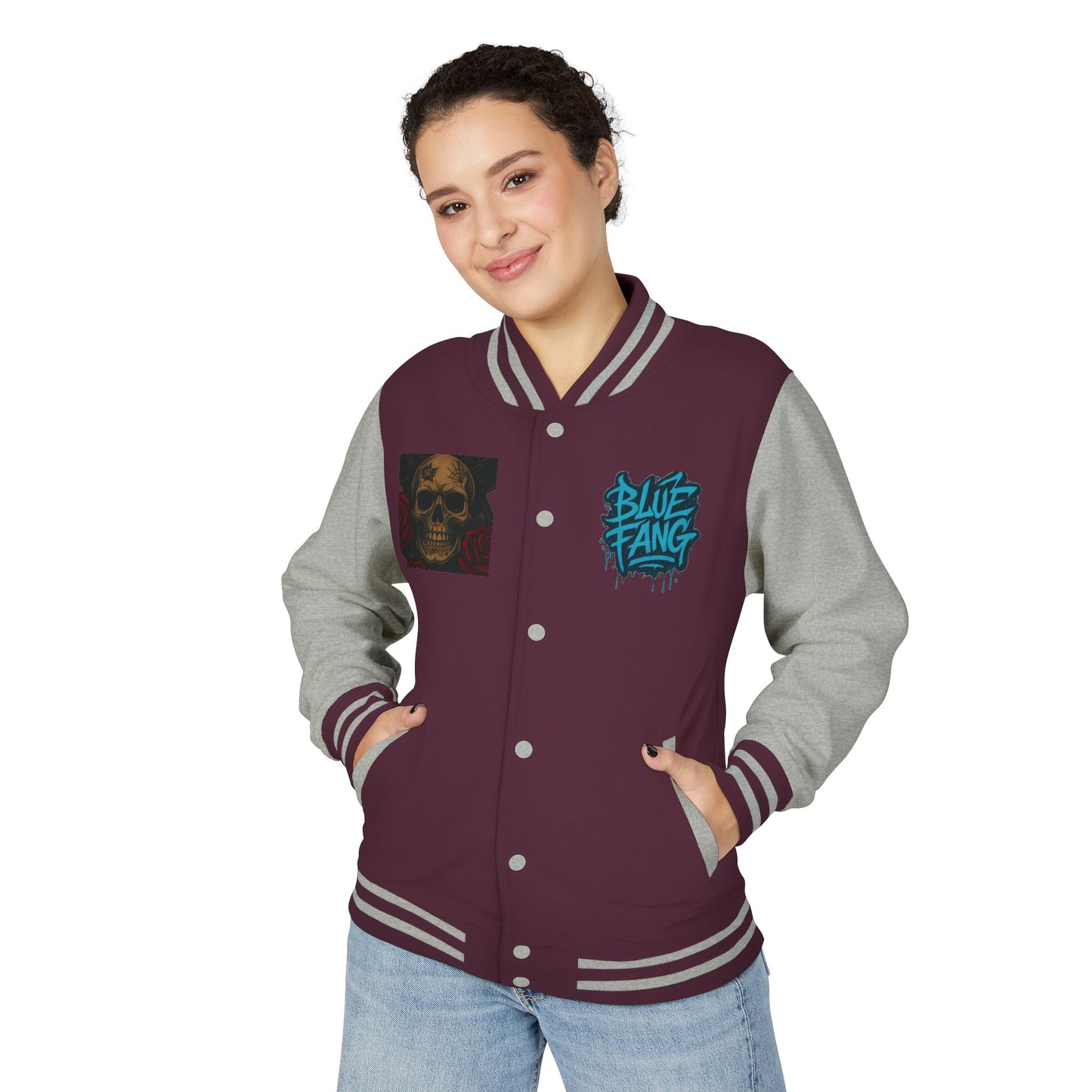 Edgy Unisex Heavyweight Letterman Jacket with Skull Design, Retro Bomber Style, Streetwear, Halloween Costume, Unique Gift Idea