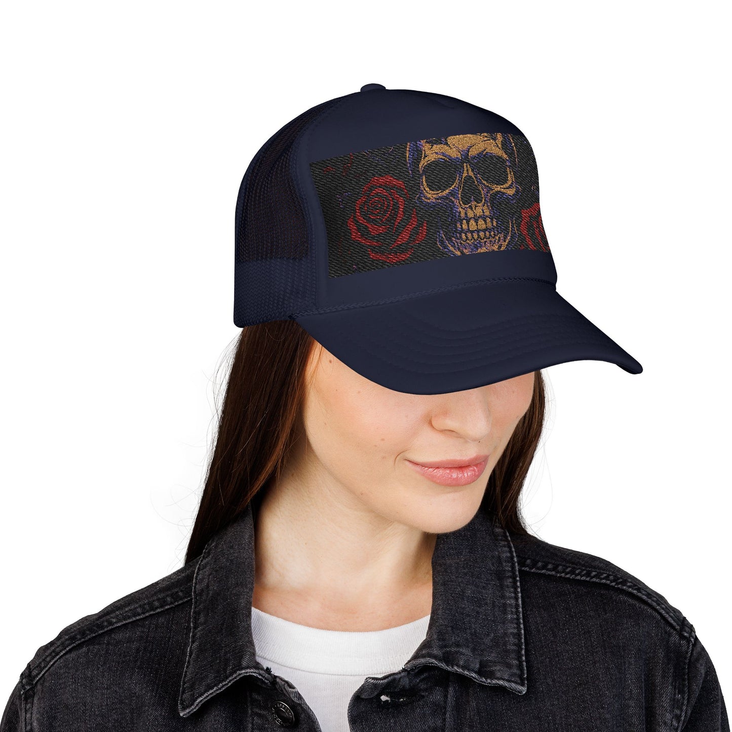 Gothic Skull Trucker Hat, Edgy Hat for Festivals, Embroidered Foam Cap, Perfect Gift for Birthday, Halloween & Casual Wear