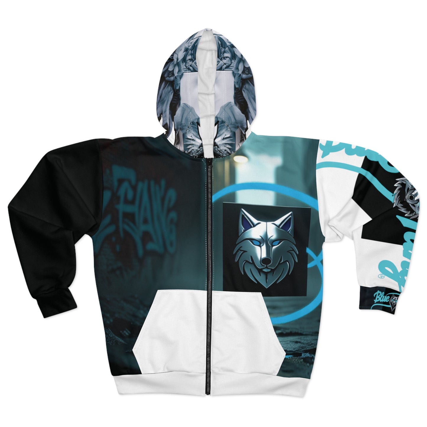 Blue Fang Unisex Zip Hoodie - Street Urban Wolf Design