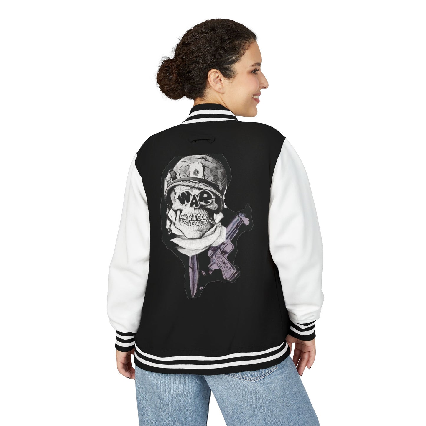 Edgy Unisex Heavyweight Letterman Jacket with Skull Design, Retro Bomber Style, Streetwear, Halloween Costume, Unique Gift Idea